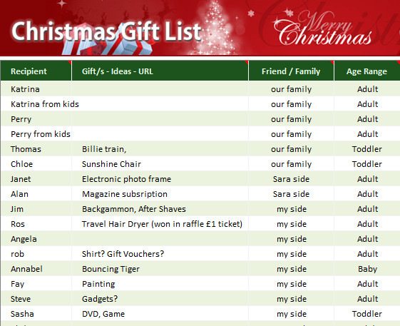 Christmas Gift List My Excel Templates