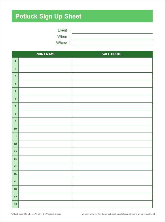 A simple printable Potluck Sign Up Sheet from Vertex42