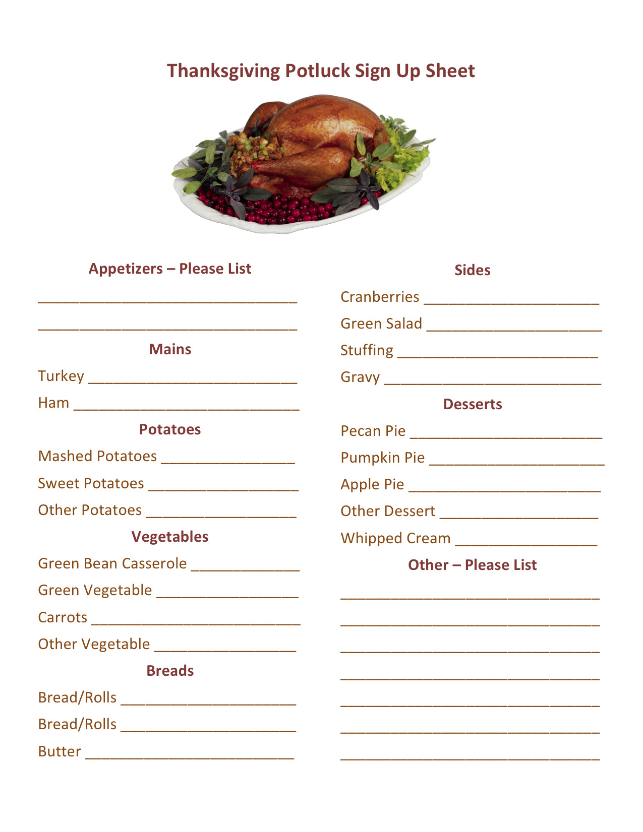 Thanksgiving Potluck Sign Up Printable