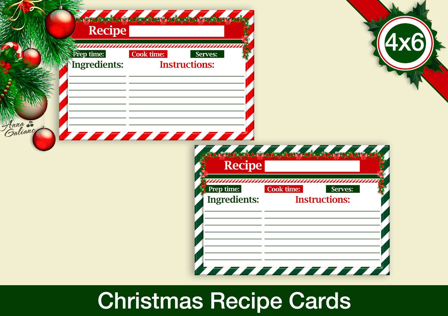 Christmas Recipe Cards 4x6 Recipe Cards Printable Recipe