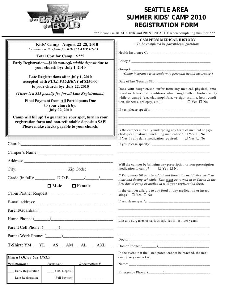 Kids Camp Registration Form