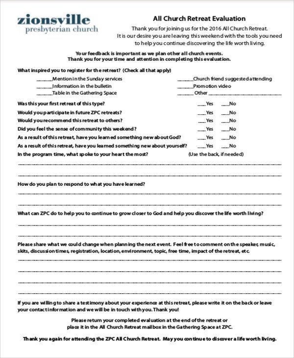 Sample Retreat Evaluation Form 9 Examples in Word PDF