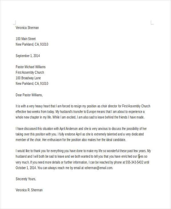 Church Resignation Letter Template 9 Free Word PDF
