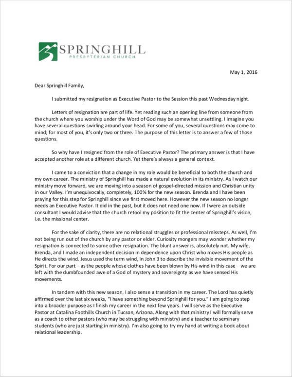 FREE 10 Church Resignation Letter Samples and Templates