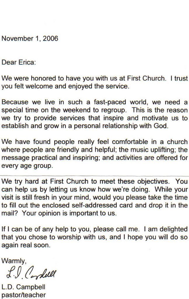 Sample church wel e letter