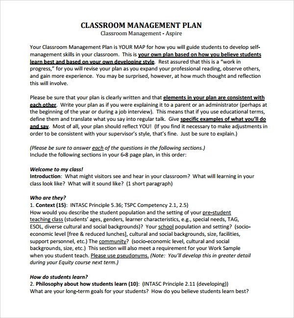 Sample Classroom Management Plan Template 12 Free