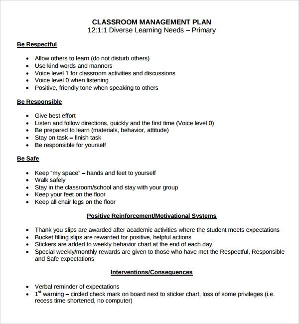 Sample Classroom Management Plan Template 9 Free