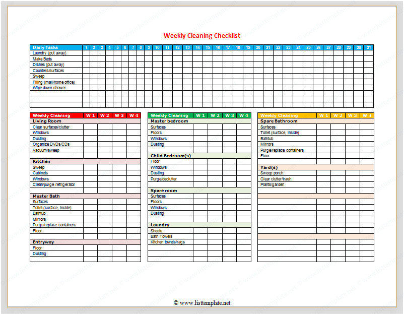 Daily fice Cleaning Checklist Excel