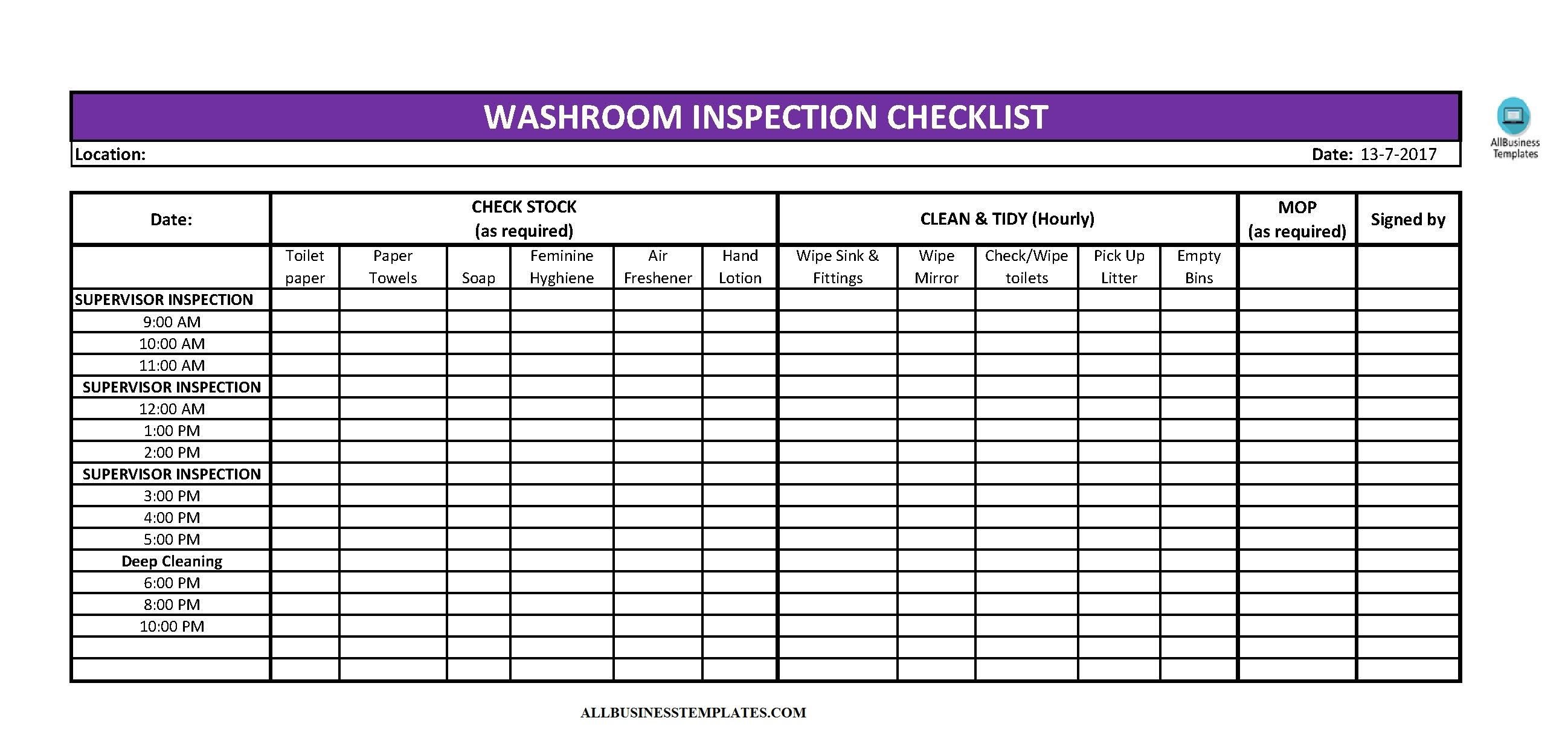 Toilet Cleaning Checklist Excel