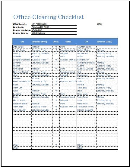 fice Cleaning Checklist Template