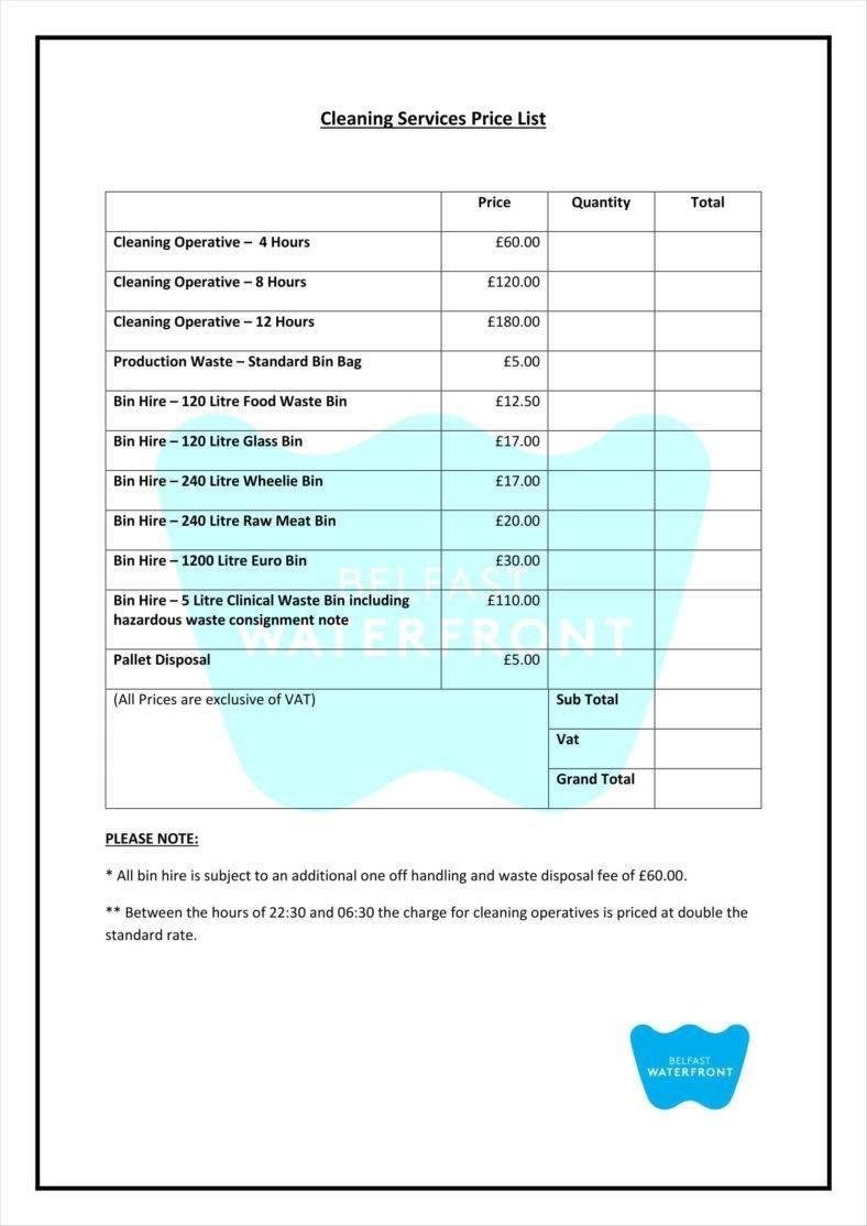 8 Cleaning Price List Templates Free Word PDF Excel