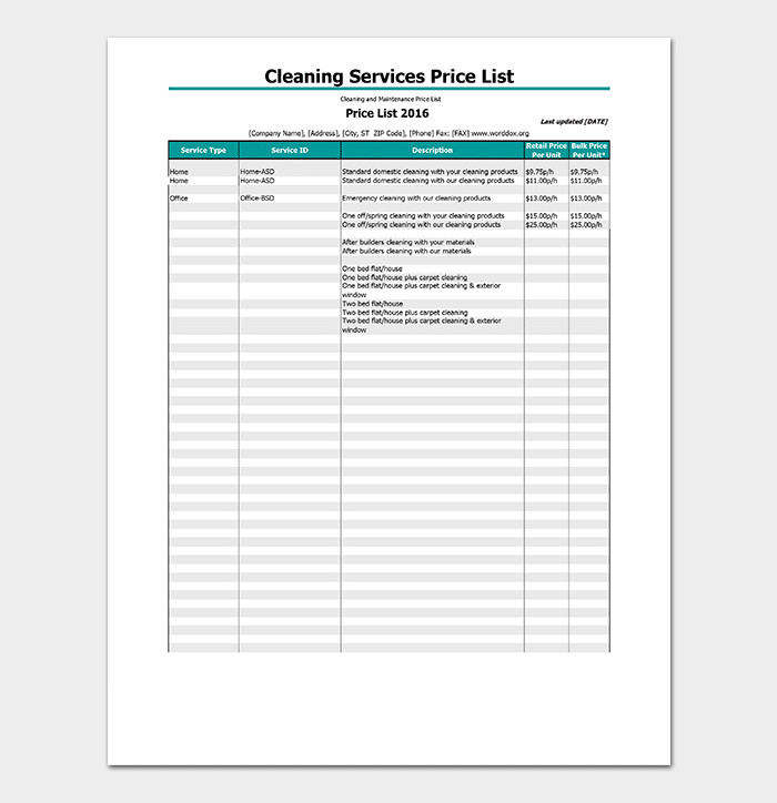 Cleaning Price List Template 12 in Word PDF Format
