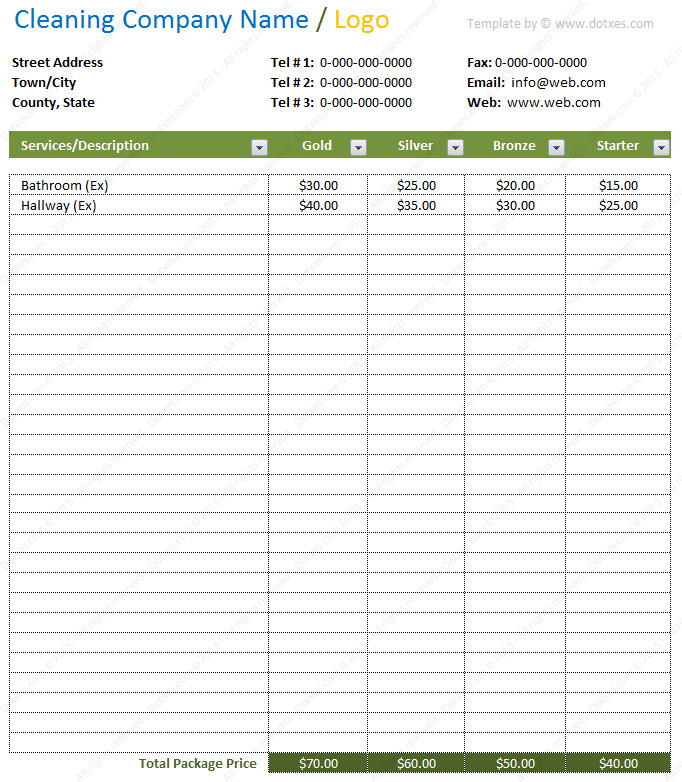 Cleaning Price List Template in Excel Dotxes
