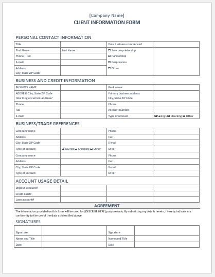 Client Information Form Template for Word