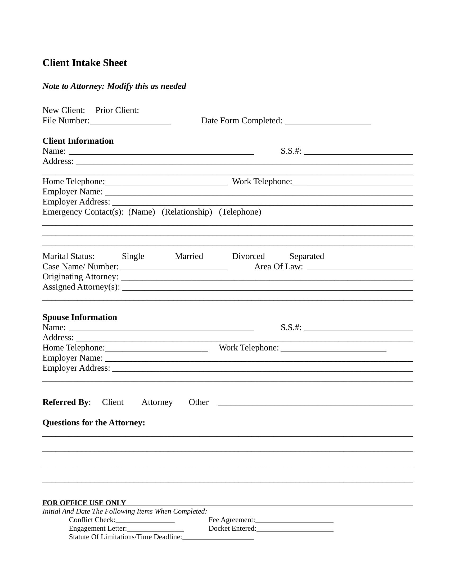 13 Client Intake Forms PDF DOC