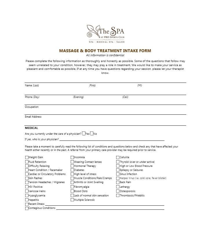 59 Best Massage Intake Forms for any Client Printable