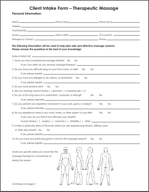 Massage Client Intake Forms PDF MS Word