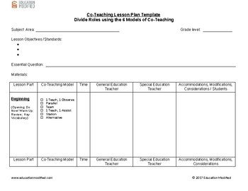 Co Teaching Lesson Plan Template Customizable by Tools