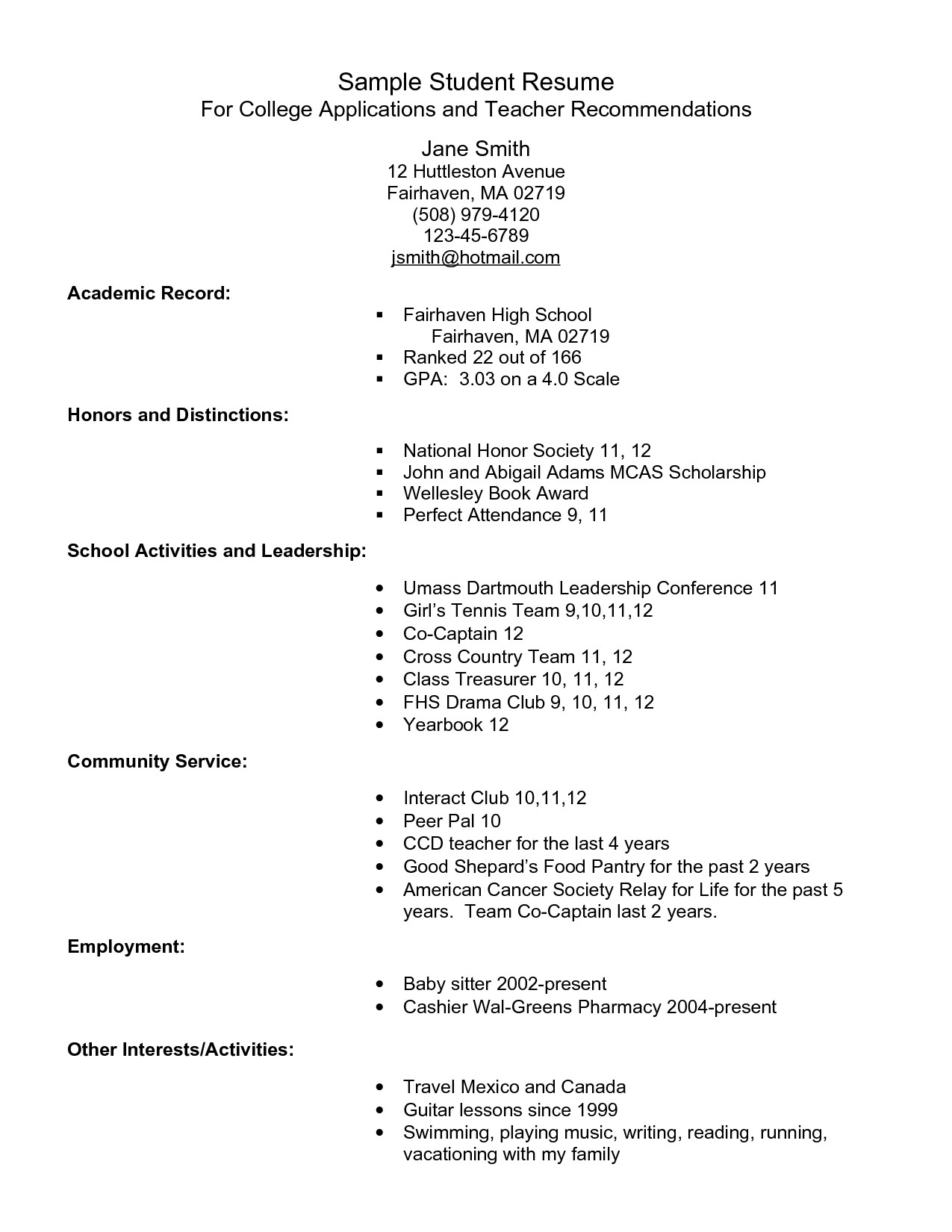 example resume for high school students for college