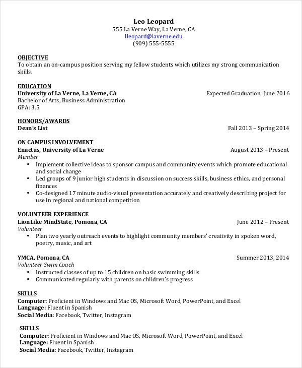 College Student Resume 7 Free Word PDF Documents