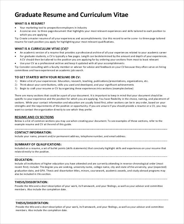 Sample Graduate School Resume 9 Examples in PDF Word