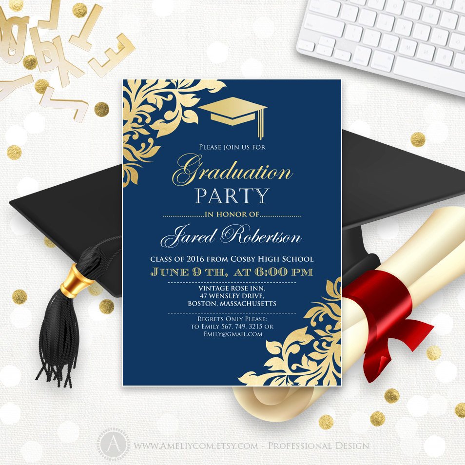 Graduation announcement printable Navy Gold College Graduation