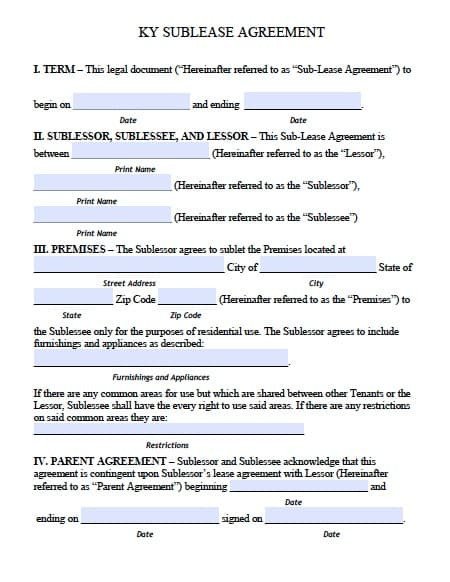 Free Kentucky Sublease Roommate Agreement Form – PDF Template