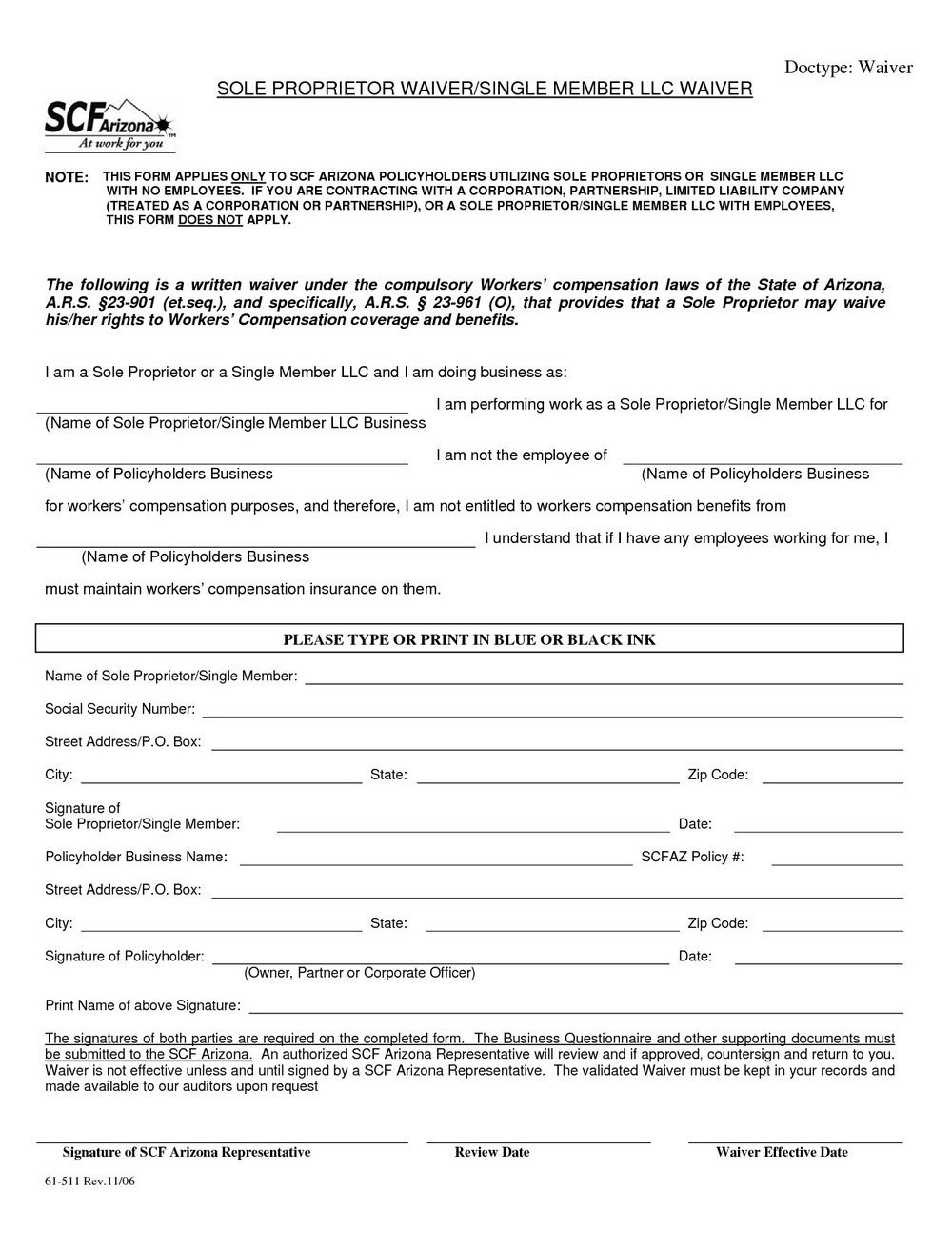 Workers pensation Waiver Form For Independent