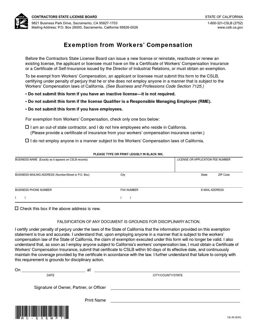 Workmans p Exemption Form Florida Forms 6119