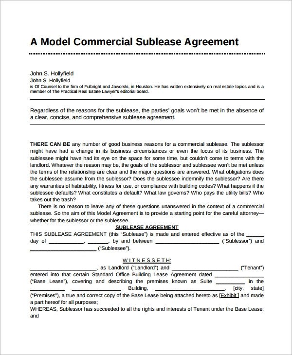 Sublease Agreement 10 Example Format