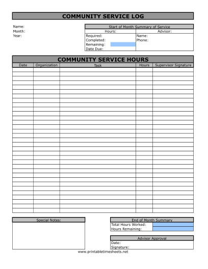 munity Service Timesheet Printable Time Sheets free to