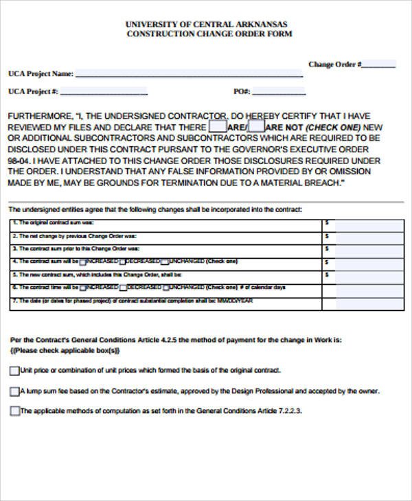 Sample Construction Change Order Form 7 Examples in