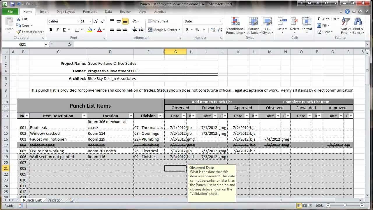 Excel 2010 Construction Punch List Overview
