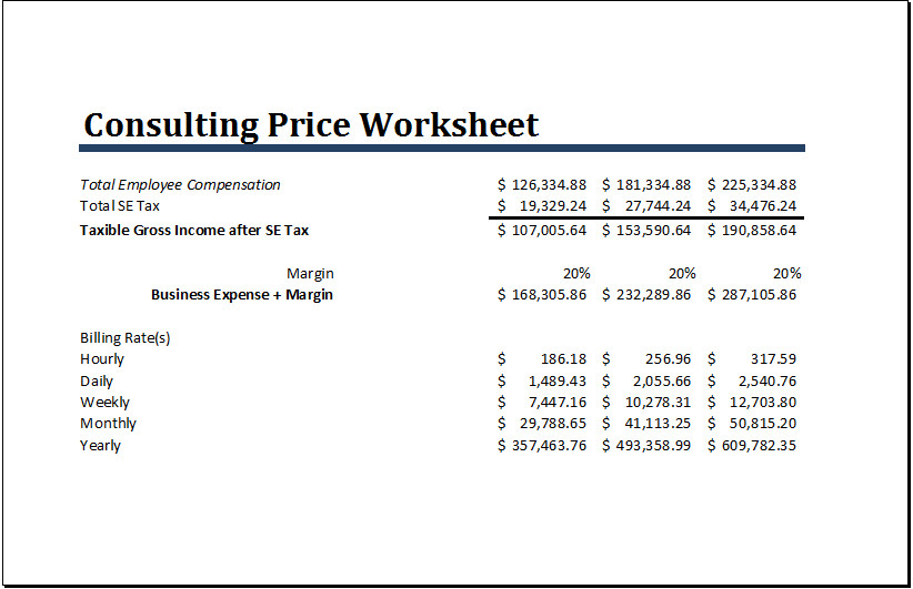 MS Excel Consulting Price Worksheet Template