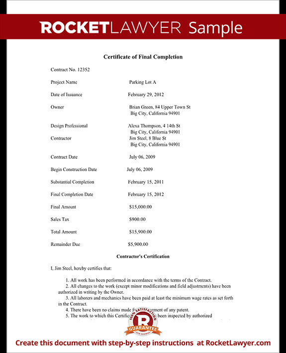 Certificate of Final pletion Form For Construction