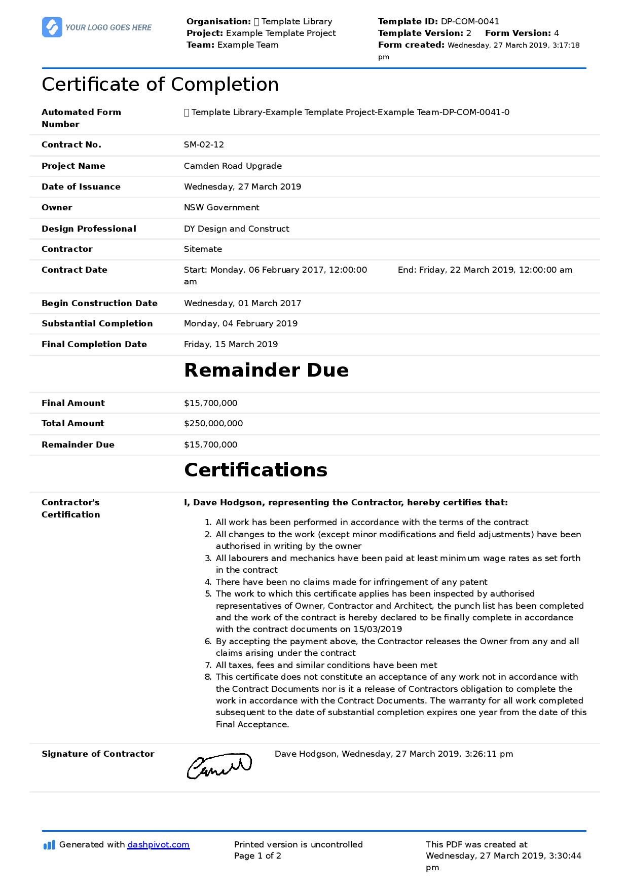 Certificate of pletion for Construction Free template
