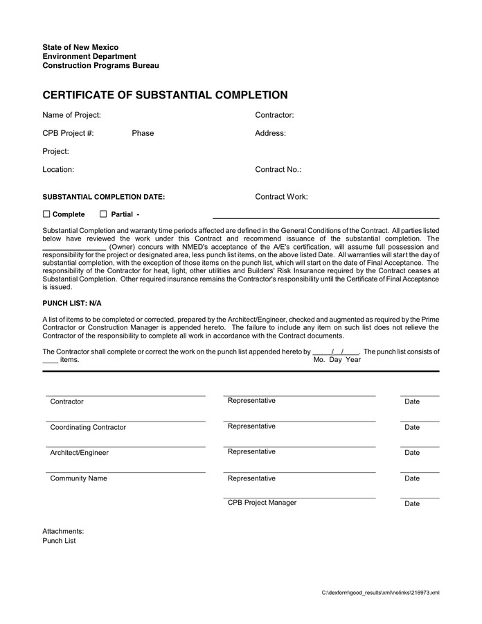 Certificate of Substantial pletion in Word and Pdf formats