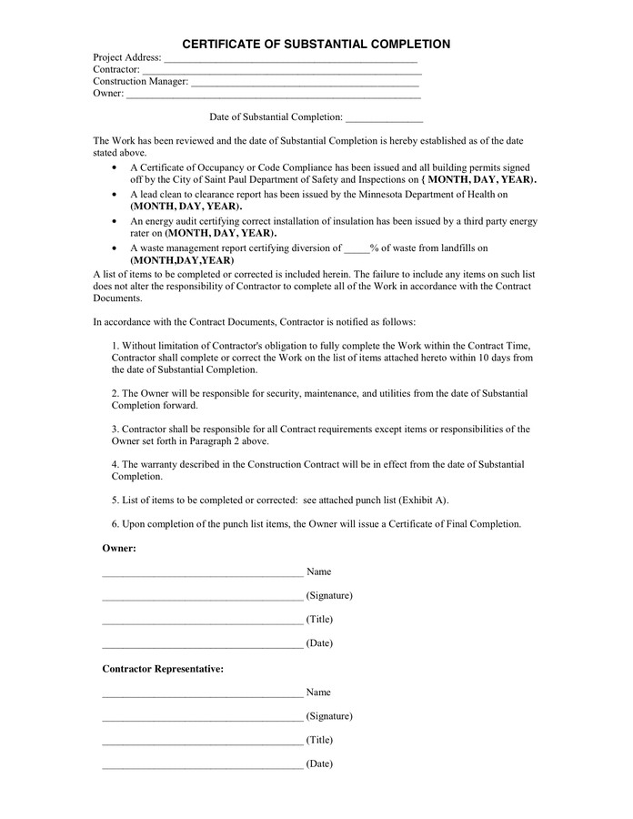 Certificate of substantial pletion in Word and Pdf formats