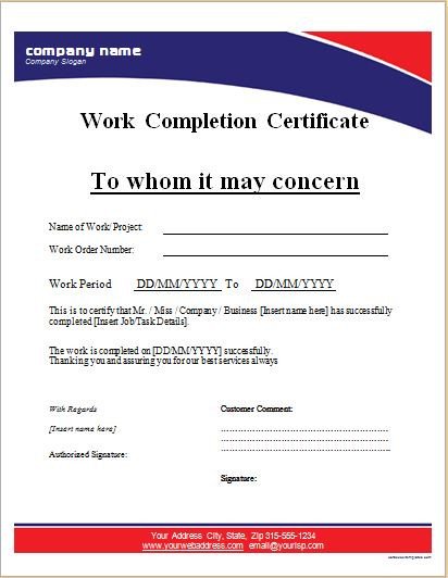 Work pletion Certificates for MS Word