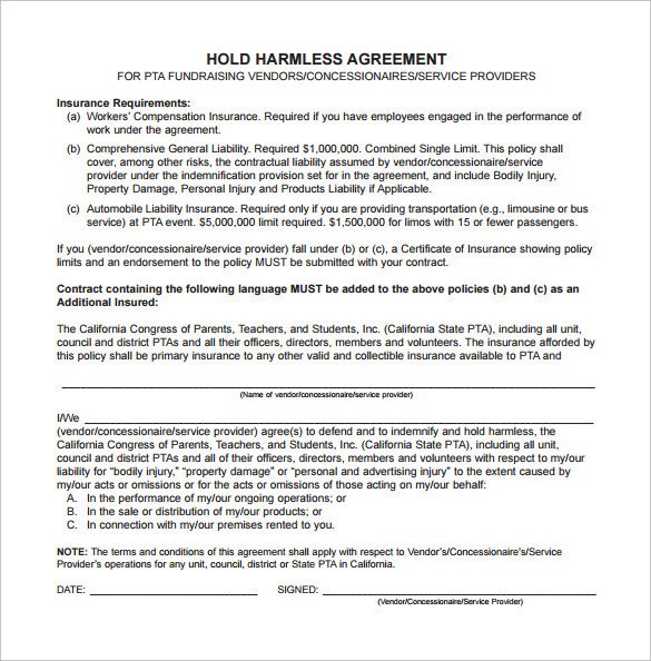 10 Hold Harmless Agreement Samples Examples Templates