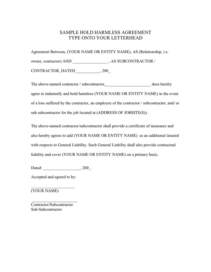Hold Harmless Agreement in Word and Pdf formats
