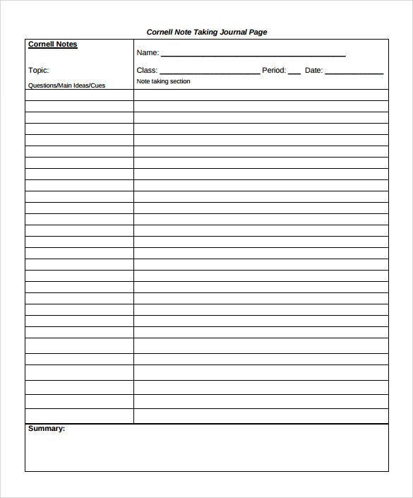 Sample Cornell Note Taking Template 8 Free Documents In