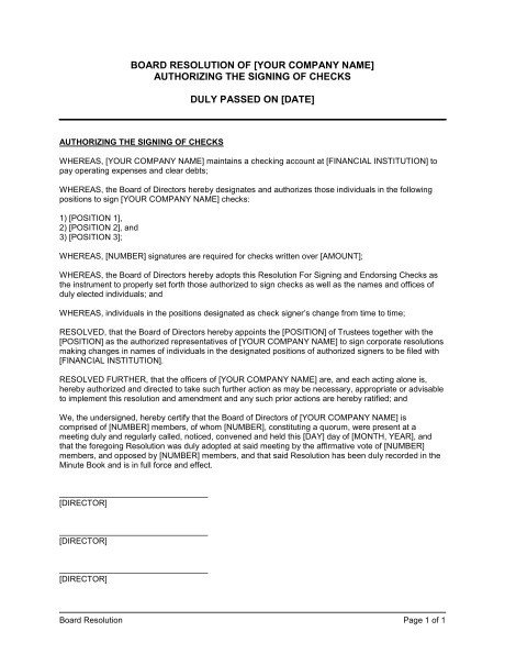 Corporate Resolution Authorized Signers Sample Templates