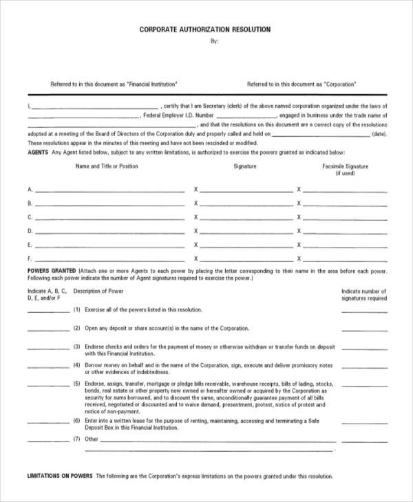 Corporate Resolution Form 7 Free Word PDF Documents