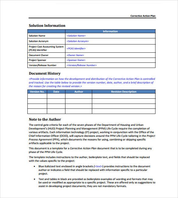 Sample Corrective Action Plan Template 14 Documents in