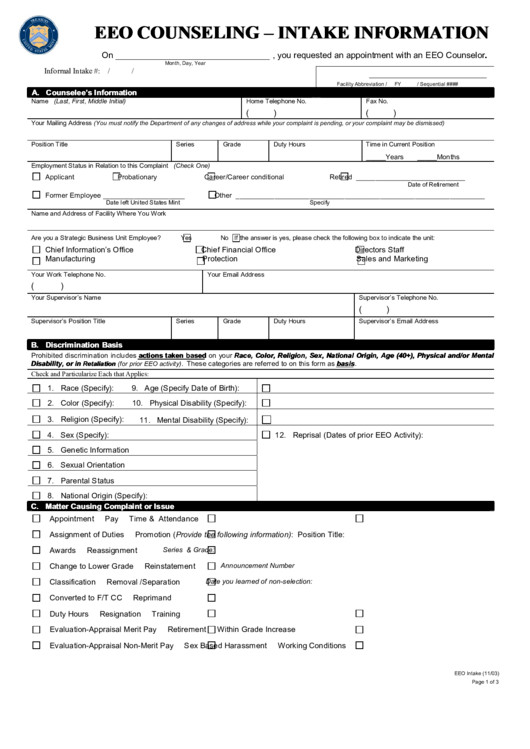 Counseling Intake Form printable pdf