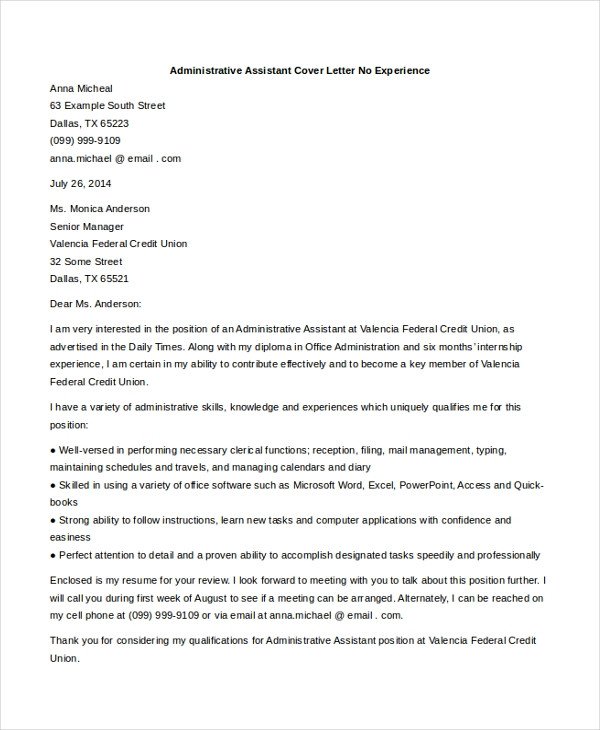 Sample Administrative Assistant Cover Letter 7 Free