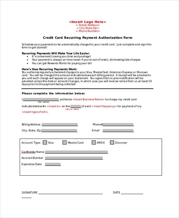 Credit Card Authorization Form Sample 8 Examples in