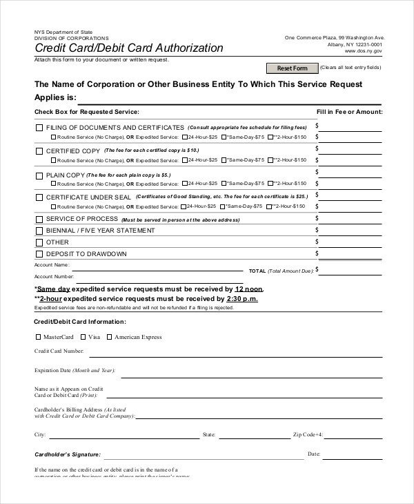 Credit Card Authorization Form Template 10 Free Sample