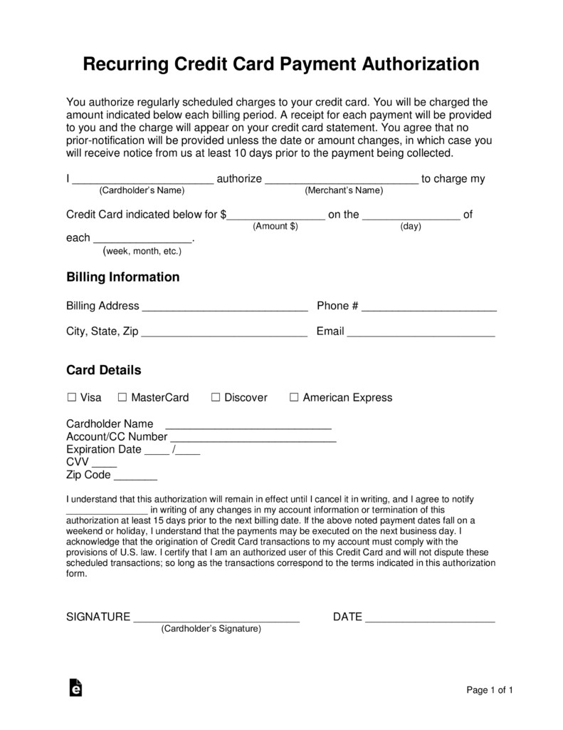 Free Recurring Credit Card Authorization Form Word